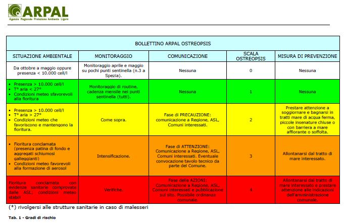 Modello previsionale delle fioriture algali applicato da ARPA Liguria a partire del 2011 sulle 13 aree monitorate A ognuna di tali aree viene settimanalmente associata una classe di rischio di