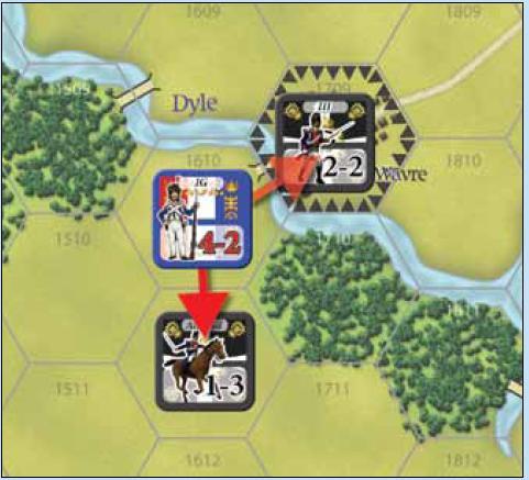 ESEMPIO: In questa situazione, la singola unità di fanteria francese deve attaccare l unità di cavalleria prussiana (e può attaccare l unità di fanteria prussiana (9.