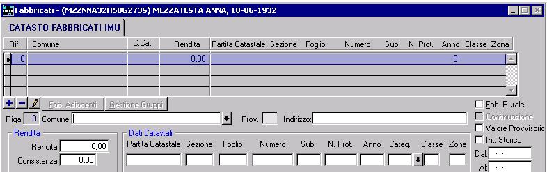 La maschera che si aprirà e suddivisa in tre parti distinte : CATASTO FABBRICATI IMU DICHIARAZIONE BOLLETTINO CATASTO FABBRICATI IMU In questa sezione andremo ad inserire tutti i dati