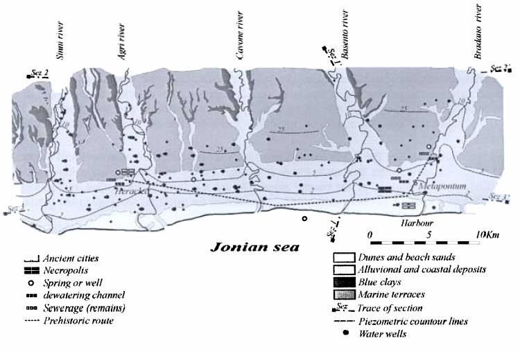 Figura 3.11 - Schema geologico ed idrogeologico della Piana costiera di Metaponto e delle aree contermini.