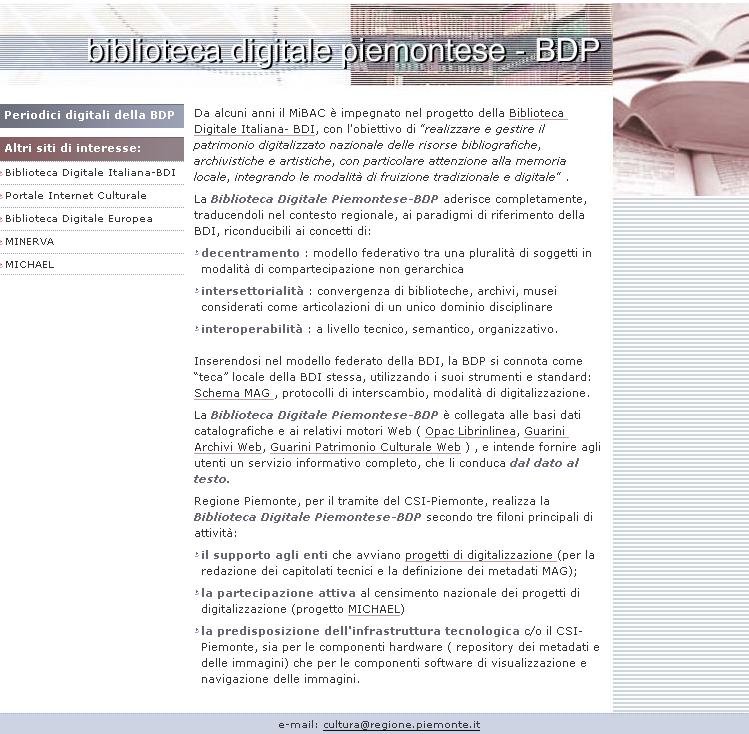 B) Accesso dalla sezione BDP del sito Web Regione Piemonte http://www.regione.piemonte.it/cultura/bdp/index.
