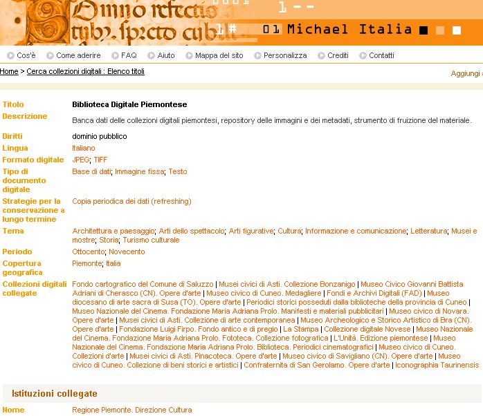 Le collezioni della Biblioteca Digitale Piemontese-BDP censite in MICHAEL