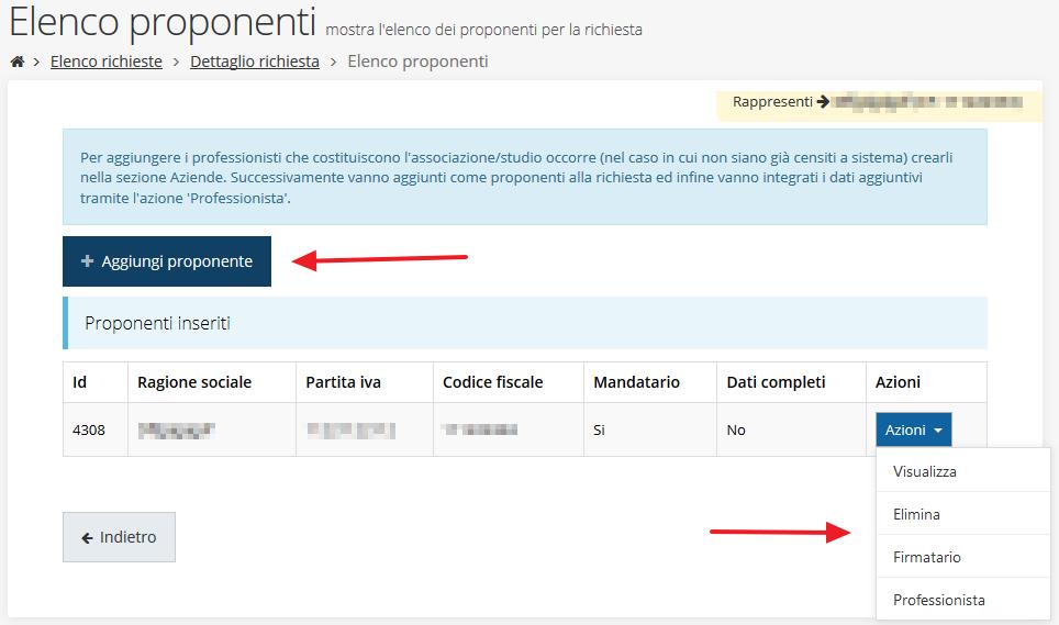 Figura 24 - Sezione proponenti nel caso di Associazioni o Società di professionisti La videata dei proponenti si presenta simile al caso di singolo professionista, con in aggiunta il pulsante per l