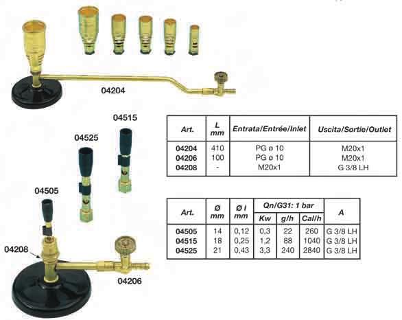 saldatori blowtorches 04204 04204-04206 Supporto da banco con due possibili lunghezze del tubo. Applicabilità dei cannelli Serie M e dei cannelli verticali Serie P.