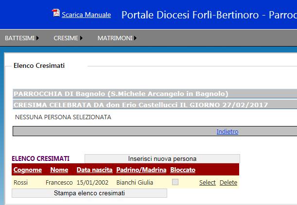 - Per inserire un nuovo cresimato, cliccare sul bottone Inserisci nuova persona - Per