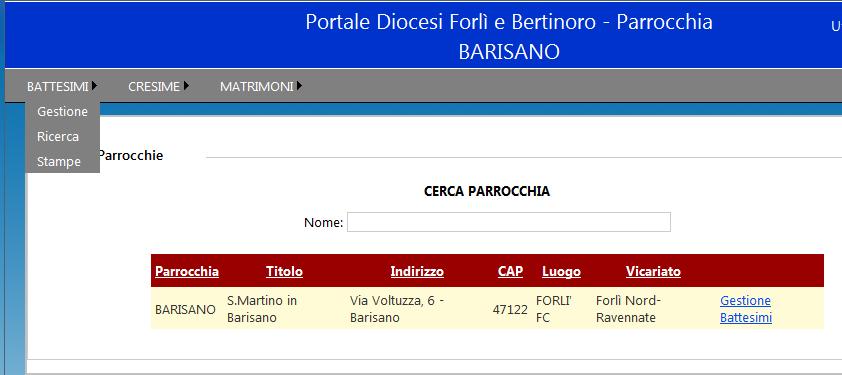 Inserimento o modifica di un battesimo - Cliccare sulla voce di menù