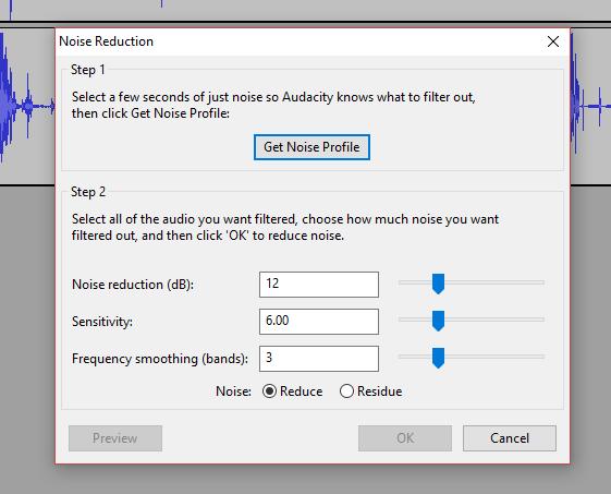 Questa sezione di suono verrà utilizzata dalla funzione Noise Reduction in Audacity per trovare il suono di sottofondo simile, e per rimuoverlo dalla traccia / dalle tracce.