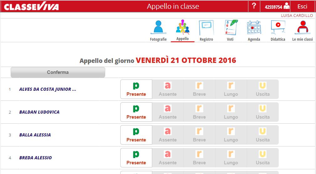 4. PRIMA DI TUTTO FACCIO L APPELLO, cliccando sull icona APPELLO si apre un elenco in cui va selezionato lo stato dello studente: Il sistema ha inizializzato tutti gli allievi su PRESENTE; se un