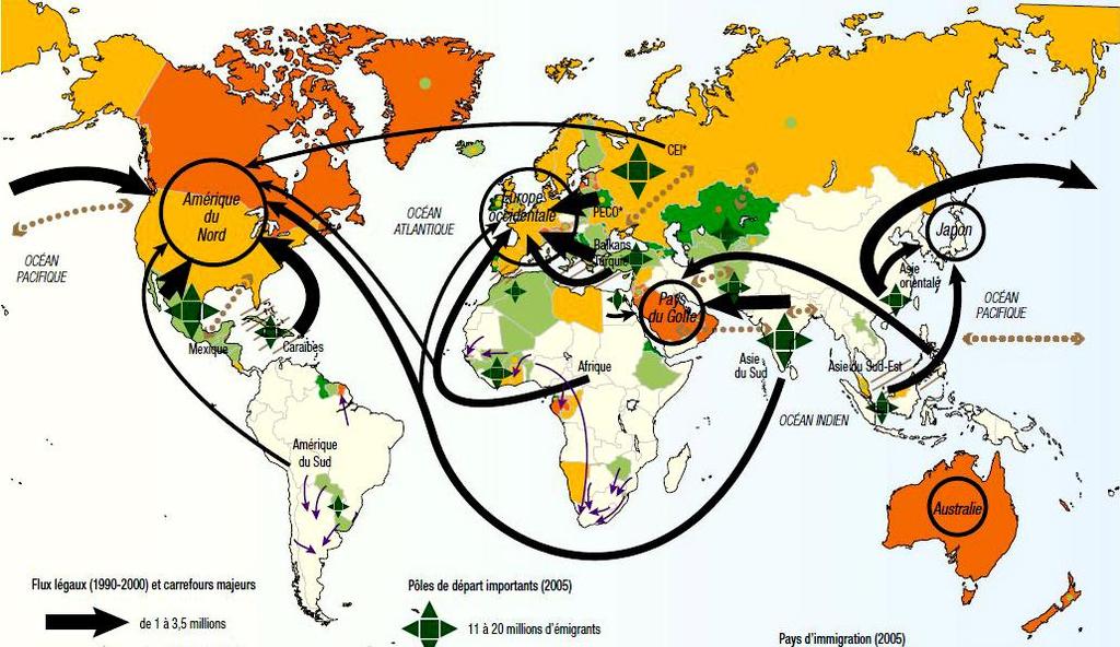 Migrazioni nel mondo Arancione: Paesi con più alta immigrazione Giallo: Paesi con immigrazione forte