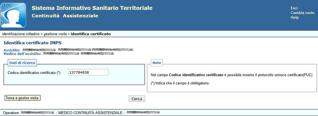 Cliccando la voce Identifica/Rettifica Certificato, è visualizzata la maschera in cui è richiesto il numero di protocollo del certificato da rettificare.
