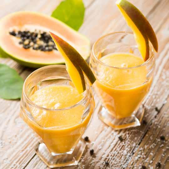 Frappè al latte di cocco per 4 persone 400 g di mango 200 g di papaia 300 ml di latte di cocco Sbucciare il mango, la papaia ed eliminarne l osso e