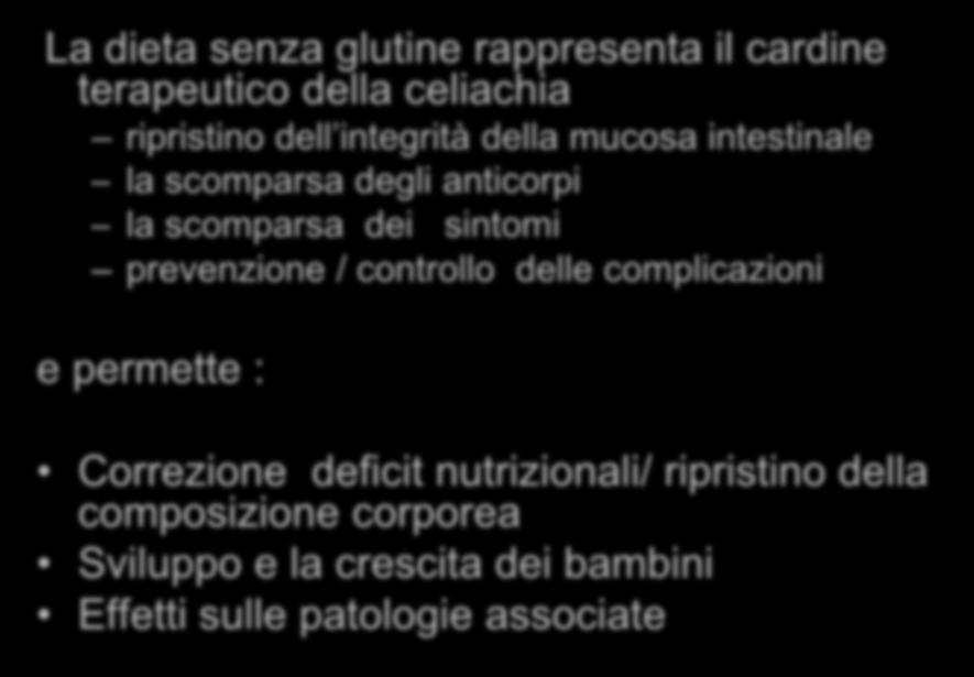 Effetto della dieta senza glutine La dieta senza glutine rappresenta il cardine terapeutico della celiachia ripristino dell integrità della mucosa intestinale la scomparsa degli anticorpi la