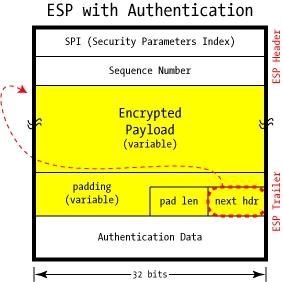 Encapsulating Security Protocol (ESP) Il payload del pacchetto IP è inserito tra l ESP header e l ESP trailer SPI, SN e next hdr: come per AH; next hdr punta all indietro pad len: lunghezza del
