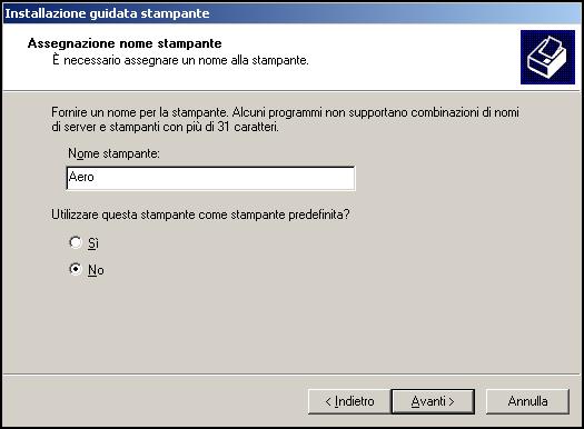 INSTALLAZIONE DEI DRIVER DI STAMPA 16 13 Nel campo Nome stampante, digitare un nome per l unità Fiery EX8000AP e specificare se si desidera che sia la stampante predefinita, quindi fare clic su