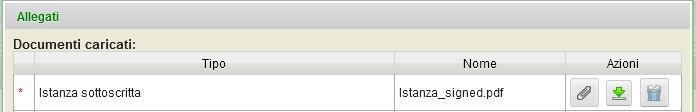 pdf (tutti gli altri formati non sono validi). Cliccando sul tasto freccia (riquadro blu nella figura sopra) è possibile scaricare il documento appena caricato.