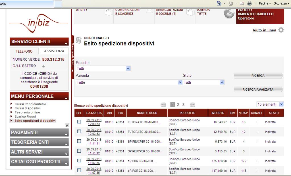 Selezionare la funzione Esito Spedizioni Dispositivi. Il pannello iniziale si presenta elencando tutti i tipi di prodotti inviati.