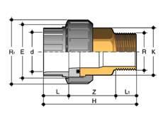 BIFOC Bocchettone di passaggio PVC-C/ottone, con estremità d a bicchiere per incollaggio, estremità R femmina filettata BSP in ottone, guarnizione O-Ring in EPDM d x R R 1 PN E H K L L 1 Z g Codice