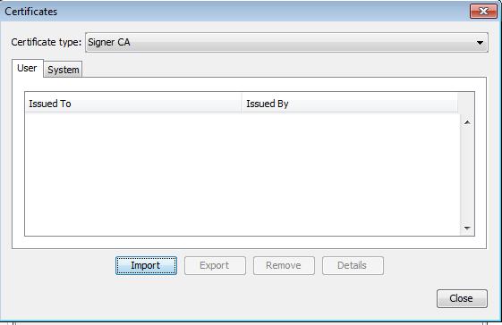 Selezionare la voce Signer CA e premere il pulsante Import.