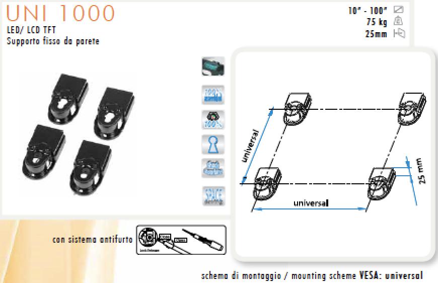 Sono inclusi bolla, kit di 79.90 1 PB/UNI1000 NERO 8019950300384 Supporto UNIVERSALE per LCD, LED e PLASMA da 10" a 100", portata fino a Kg.