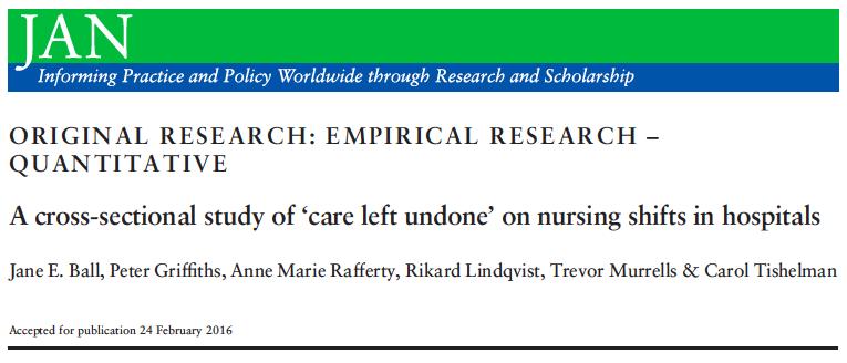 Nurse Staffing e Missed Care Questo studio del 2016, attingendo dai risultati di RN4CAST, ha confermato che le cure mancate sono il risultato diretto della carenza di personale