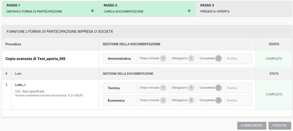 PRESENTA OFFERTA PASSO 2: CARICA DOCUMENTAZIONE Completato il caricamento dei documenti, cliccando su Torna alla gestione della documentazione, si ritorna alla tabella riepilogativa della
