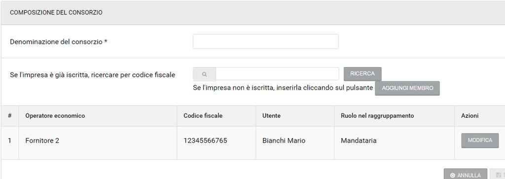 L impresa mandataria è automaticamente quella con cui si è effettuato l accesso in gara Se le mandanti sono già iscritte al portale, è possibile ricercarle tramite codice fiscale.