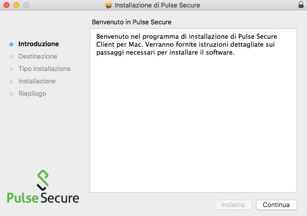 Cliccare sull icona PulseSecure.pkg e successivamente su Continua : verrà avviata l installazione del client.