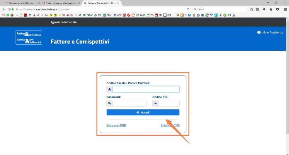 9. ACCESO AL PORTALE DELL AGENZIA Digitando Vai al Portale dell Agenzia dalla schermata precedente si apre il browser sulla schermata di login al servizio Fatture e Corrispettivi.