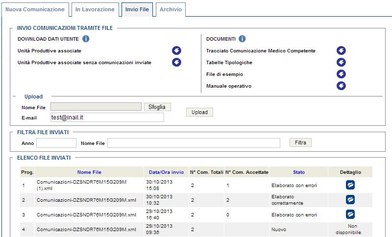 5.3 Invio File Selezionando la scheda Invio File è possibile inviare più comunicazioni (per le Unità Produttive associate per l anno in corso) tramite un unico File (Figura 37).