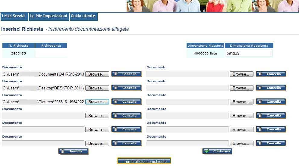 Selezionare i documenti da caricare Completato il caricamento dei documenti da trasmettere cliccando sul tasto Conferma, il