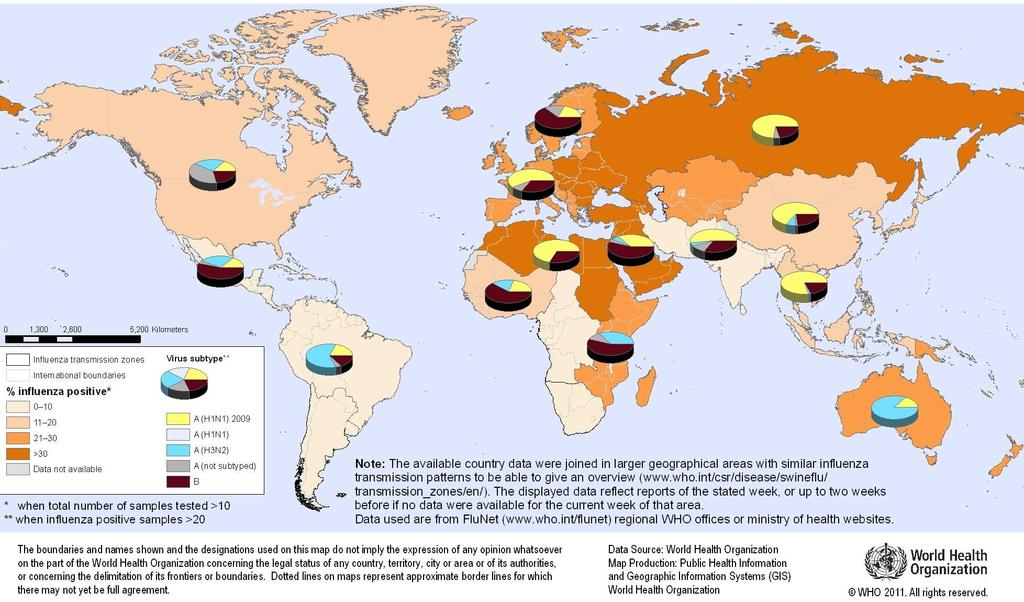 Sorveglianza virologica: Durante la 9 e 10 settimana del 2011, sono stati accertati casi di influenza sostenuti dal virus A/H1N1p, A/H3N2 e di tipo B in molte parti dell Asia, Europa, America del