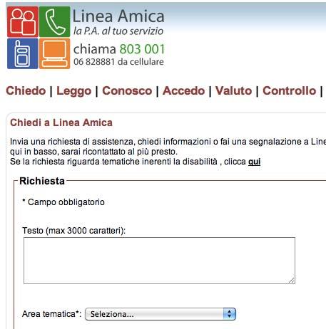 Chiedo assistenza Supporto multicanale degli operatori del contact center Linea Amica form on