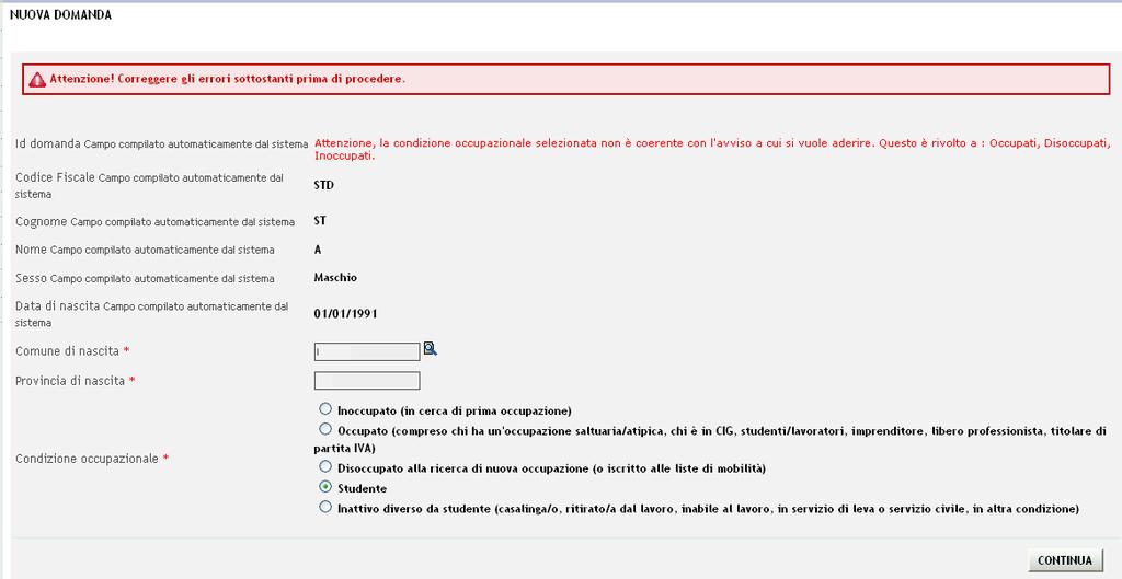 Figura 54 Nuova domanda Studente 2) Sezione B) RESIDENZA. La sezione richiede i dati relativi alla residenza del cittadino.