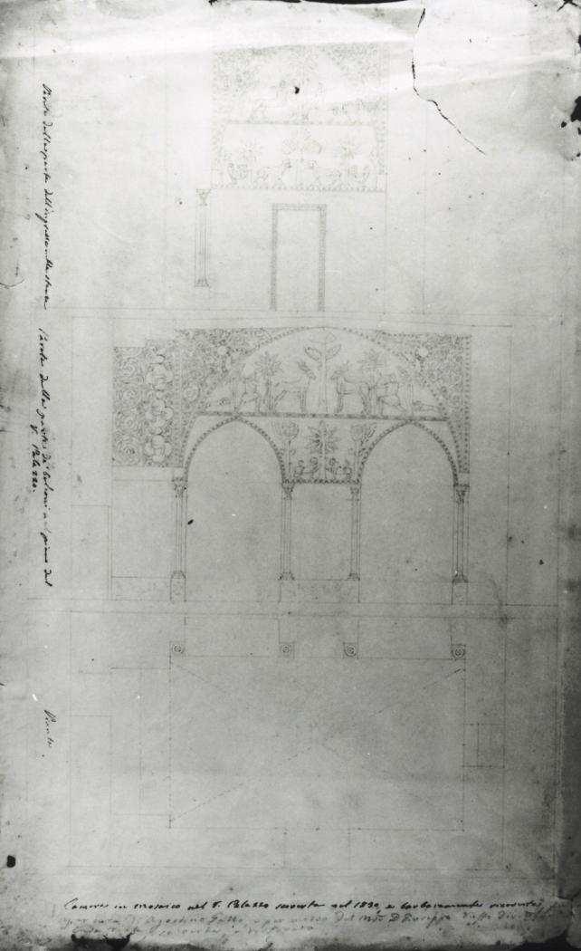 Figg. 30-31. A sinistra, Camera in mosaico del R. Palazzo scoverta nel 1830 e barbaramente ricoverto fu [ ] cura di Agostino Gallo, e per mezzo del [ ] D.