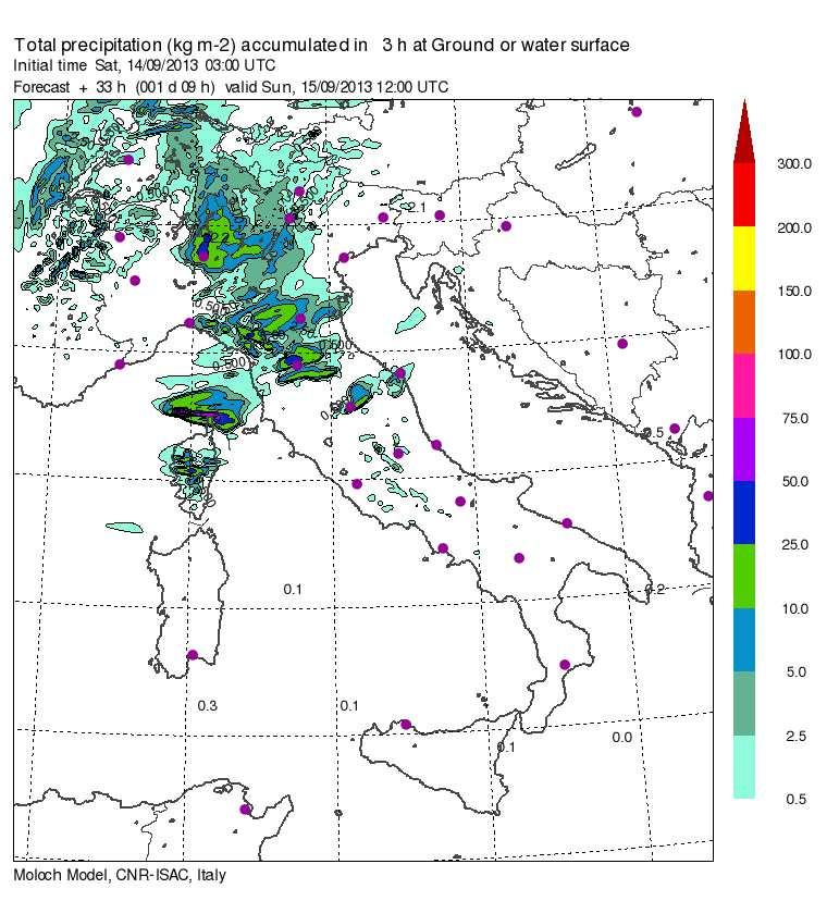 Evoluzione ogni tre ore (ora italiana) della precipitazione attesa per domenica 15 settembre 2013 sull Italia (modello: Moloch-CNR Bologna) Commento: a 24/36 ore di scadenza della previsione, è