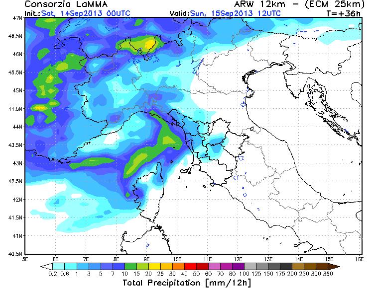 Zoom Nord Italia: nella mappa a sinistra le piogge attese tra le 2 e le 14,