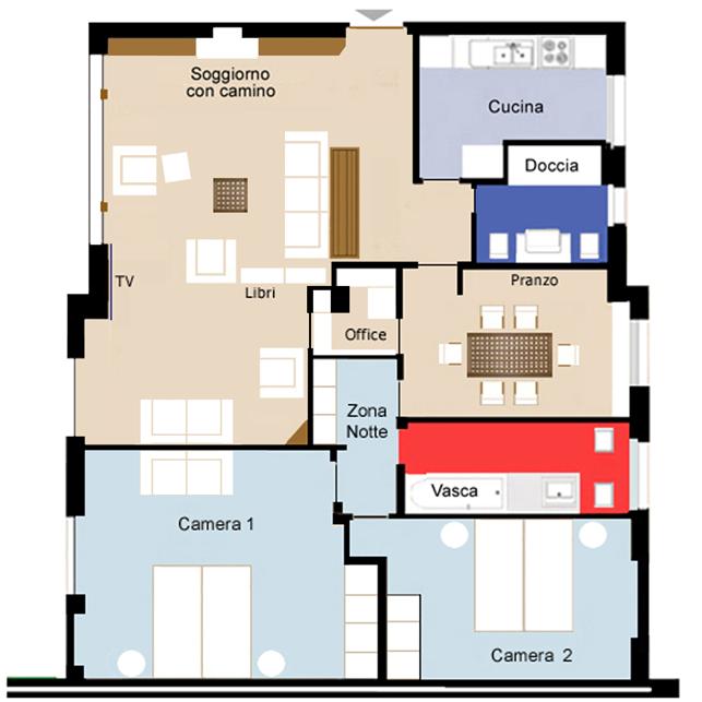 Planimetria dell appartamento: particolare degli interni. Grande soggiorno con caminetto. Sala da pranzo separata, con office e vicino alla cucina.