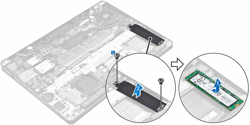 Installazione dell'ssd PCIe opzionale 1. Inserire l'unità SSD nel connettore sulla scheda di sistema. 2. Posizionare il supporto dell'ssd sull'ssd e serrare le viti per fissarlo al computer. 3.