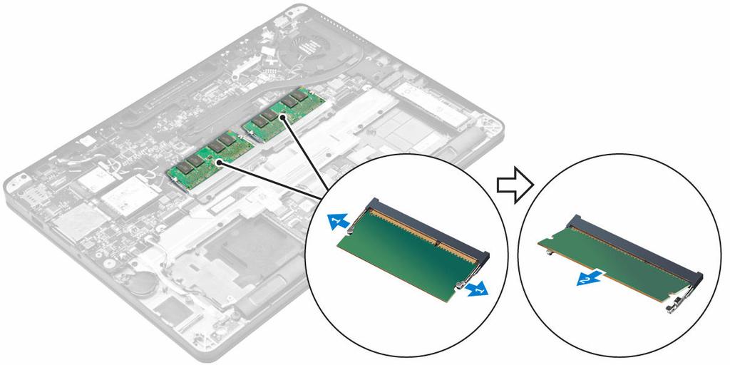 Installazione del modulo di memoria 1. Inserire il modulo di memoria nel relativo zoccolo fino a quando i fermagli assicurano il modulo di memoria. 2. Installare: a. batteria b.