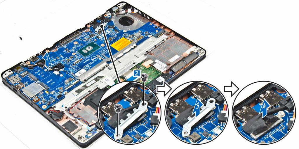 h. gruppo dissipatore di calore i. batteria a bottone 3. Rimuovere il cavo del gruppo schermo: a. Disinstradare i cavi WWAN e WLAN [1]. b. Rimuovere le viti che fissano il supporto del cavo del gruppo schermo alla scheda di sistema [2].