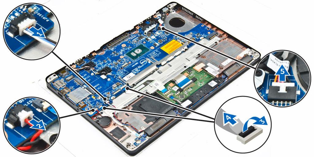 Scollegare cavo dell'altoparlante [1], cavo della batteria a bottone [2], cavo della scheda LED, cavo del touchpad [3, 4], e cavo della porta del connettore di alimentazione [5]. 5.
