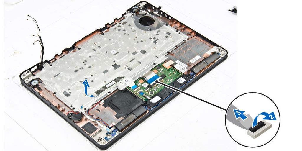 i. cornice del dock j. porta del connettore di alimentazione k. scheda di sistema 3. Rimuovere il cavo del touchpad dal gruppo della tastiera [1]. 4.