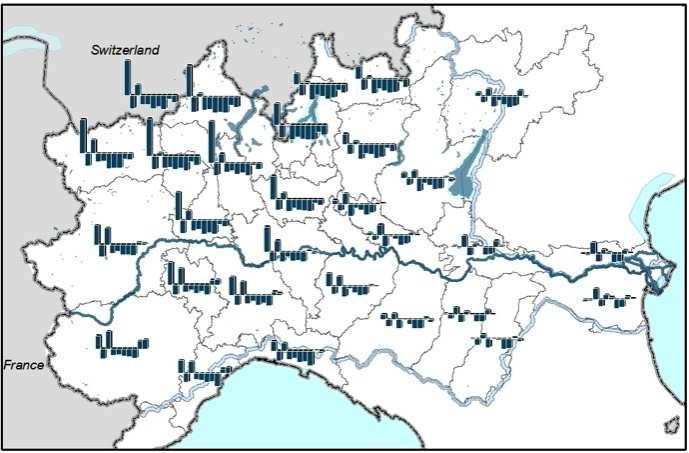 Per quanto riguarda le precipitazione nelle serie stagionali è possibile osservare una diminuzione della precipitazione media invernale, trend confermato anche da ISPRA, e rafforzato da studi