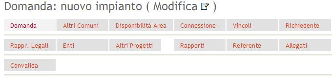 1405 Figura 13 - Barra di navigazione Ogni pulsante presente sulla barra di navigazione consente di attivare una specifica sezione informativa: Domanda dati della domanda.