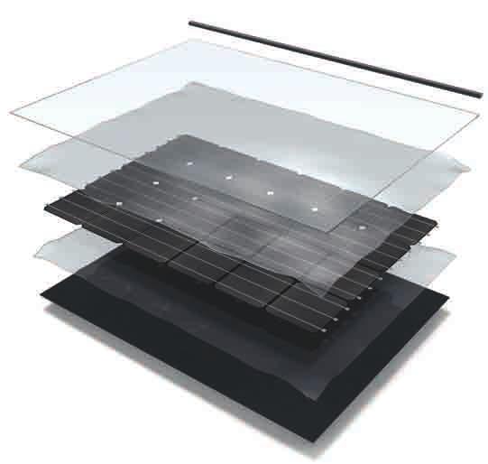 BLACK T95-I STRATIFICAZIONE 1. NASTRO DI EPDM 2. VETRO TEMPRATO TERMO-RESISTENTE 3. FOGLIO INCAPSULANTE DUPONT PV5316 4. CELLA FOTOVOLTAICA IN SILICIO MONO-CRISTALLINO BOSCH 5.