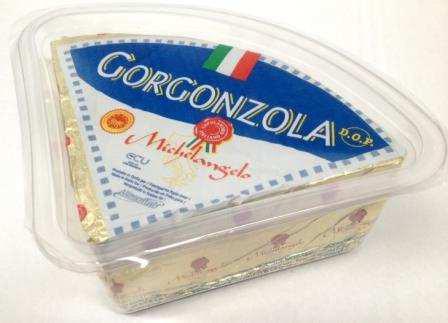 GORGONZOLA NOVARA VASCHETTA ⅛ Il GORGONZOLA nel tipo "DOLCE" presenta pasta molle, quasi cremosa, di colore bianco paglierino con leggere venature grigioverdi ed il tipico sapore dolce ed al tempo