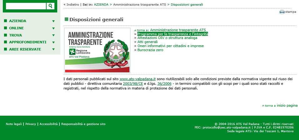 la Trasparenza e l integrità Percorso: Amministrazione