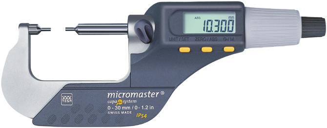Micrometri per esterni in esecuzione speciale Micrometro con contatti fini MICROMASTer Per misure di gole, sedi di chiavette, alberi scanalati ed altri punti difficilmente accessibili.