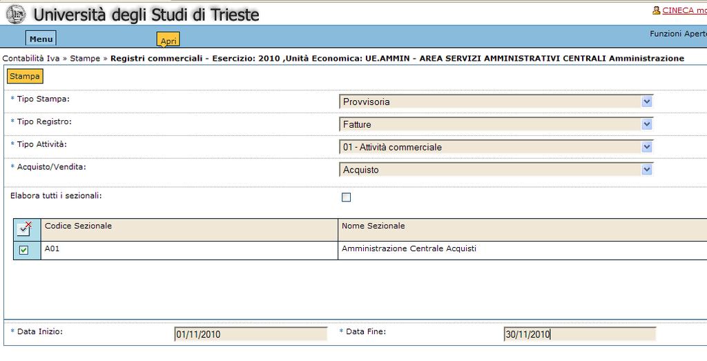 Scelta del - tipo di stampa: provvisoria/definitiva - tipo registro: fatture/corrispettivi - tipo attività - Acquisti/Vendite Inserimento periodo stampa Quindi cliccare sul