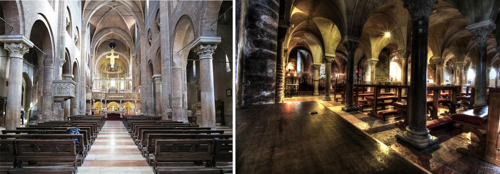 Vista interna e della cripta. Internamente la chiesa si suddivide in tre navate, terminanti ognuna con un abside, e senza transetto. Il presbiterio e il coro sono sopraelevati sulla cripta.